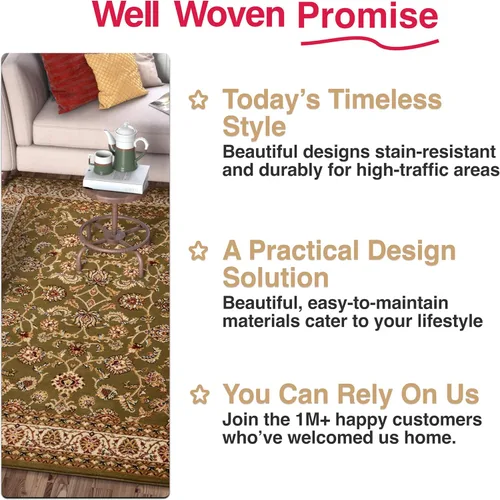 Vista 9 de Well Woven Barclay Collection Sarouk - Alfombra redonda verde de 5 pies para sala de estar, dormitorio y comedor Negro