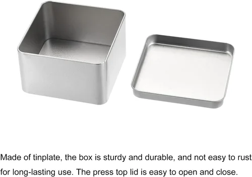 Vista 4 de uxcell Caja de Lata de Metal, 3.54" x 3.54" x 2.17" Recipientes Rectangulares Vacíos de Hojalata con Tapas, Tono Plateado, para Organizador