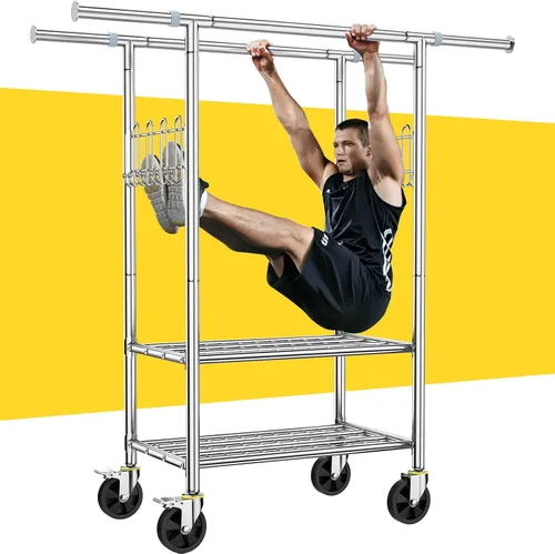 Vista 8 de Perchero de ropa resistente con carga de 520 libras, perchero ajustable con ruedas resistentes, percheros industriales de metal para colgar ropa