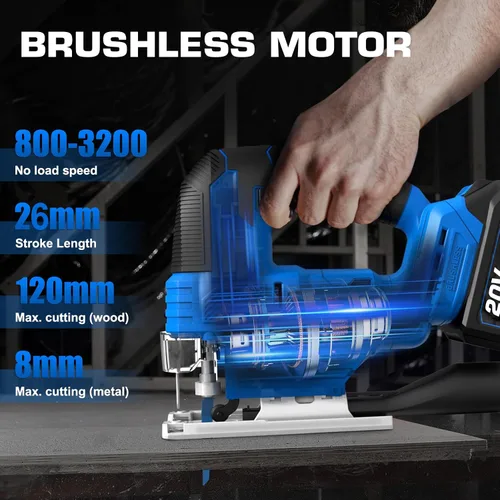 Vista 2 de Sierra de calar inalámbrica sin escobillas de 20 V con batería de 4.0 Ah 3200SPM, carrera de 1 pulgada Heavy-Duty Variable Speed Jigsaw Tool with