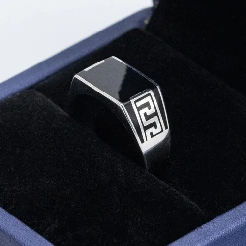 Vista 4 de AROTOROM 925 Sterling Silver Ring with Solid Rectangle Signet Black Enamel Ring, Turkish Classic Design Handmade Jewelry,Fashion Signet Ring