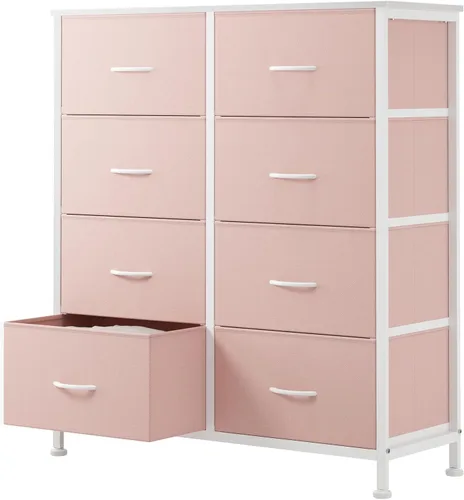 Vista 34 de Sweetcrispy Cómoda para dormitorio, cómoda de tela con 8 cajones, cómoda para armario, sala de estar, marco de acero resistente, parte superior