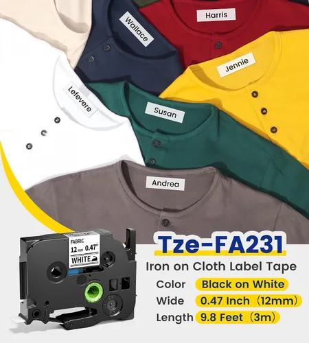 Vista 2 de TZe-FA231 - Cinta de etiquetas de tela termoadhesiva compatible con Brother P Touch TZeFA231 de 0.472 in 0.47 pulgadas para PT-D210 PT-D400 PT-H100