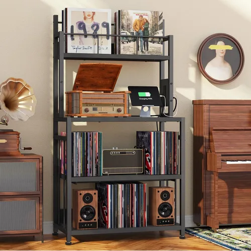 Vista 8 de EasyCom Soporte para tocadiscos con almacenamiento de vinilo, soporte para tocadiscos con capacidad para hasta 300 álbumes, mesa grande