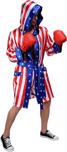Vista 3 de Maxim Party Supplies Disfraz de boxeo de bandera estadounidense de satén para adultos con bata, collar, guantes de boxeo y pantalones cortos
