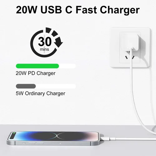 Vista 2 de Bloque de cargador de pared USB C para iPhone 16 15 14 13 12,20 W iPhone USB-C adaptador de corriente bloque de carga rápida, mini caja de enchufe