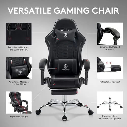 Vista 6 de Silla Gaming, Silla de Oficina para Computadora con Reposapiés, Soporte Lumbar de Masaje y Almohadilla de Gel, Silla Ergonómica Reclinable Ajustable