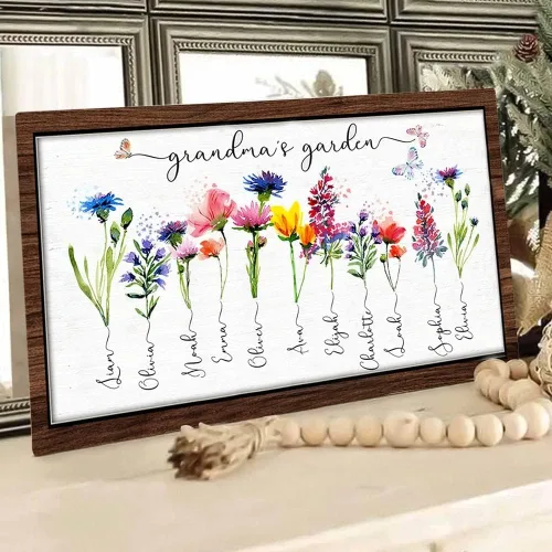 Vista 2 de Nazenti Letrero personalizado con marco de jardín de la abuela con nombres de nietos y flor de nacimiento para regalo del día de la madre, regalos