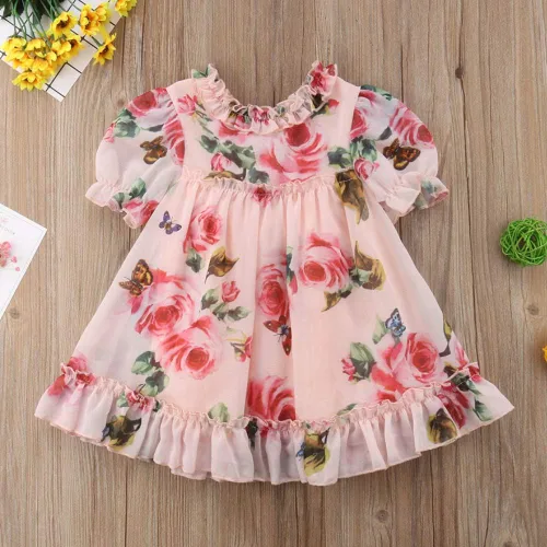 Vista 3 de Vestido de princesa con volantes y estampado de flores para niñas pequeñas
