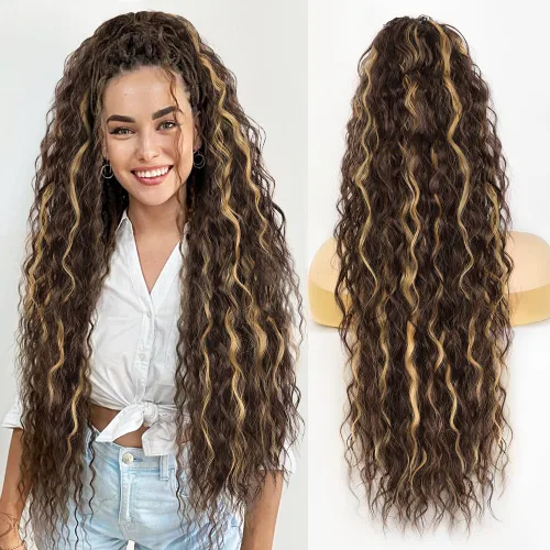 Vista 15 de Extensión de cola de caballo con cordón, extensión de cola de caballo larga y rizada para mujeres negras, extensiones de cabello negro de 26