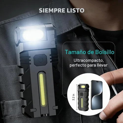 Vista 4 de Luz de trabajo LED con cabezal giratorio de 180°, doble haz, base magnética y recargable USB-C, mini llavero, linterna manos libres con clip