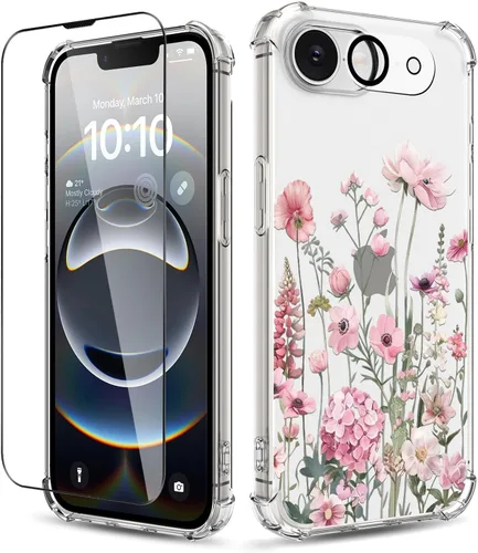 Vista 30 de Funda para iPhone 14, [3 en 1] con protector de pantalla y protector de lente de cámara, diseño de patrón de flores, transparente, suave, a prueba