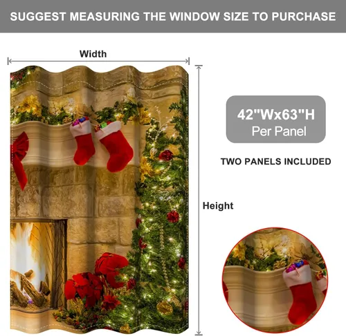 Vista 29 de Cortinas con adornos de Navidad impresos, cortinas para ventana de chimenea, calcetines de Navidad, árboles de Navidad, regalos, paneles opacos