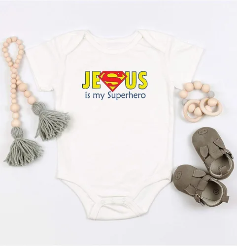 Vista 4 de TripleBDesigns Jesus is my Superhero Christian Baptism Religioso - Mameluco para bebé recién nacido
