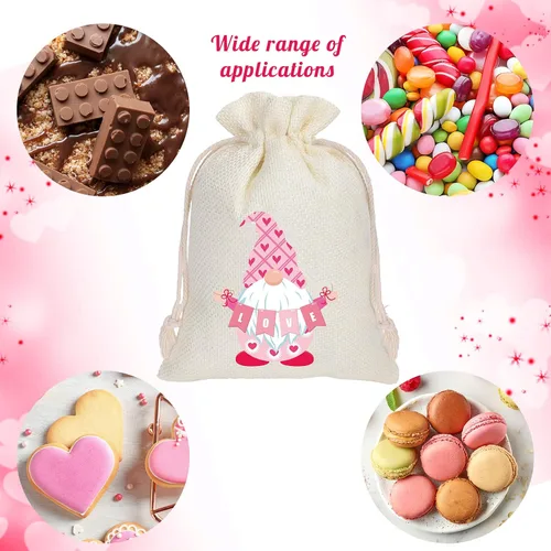 Vista 3 de Whaline 24 bolsas de regalo de arpillera para el día de San Valentín, diseño de gnomo rosa, bolsas de dulces con cordón de cordón, bolsas de lino