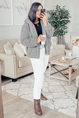 Vista 3 de PRETTYGARDEN Chaqueta de manga larga con solapa y cremallera para mujer