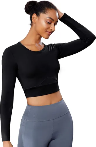 Vista 2 de TrainingGirl Camisetas cortas de entrenamiento para mujer, manga larga, espalda abierta, camisetas de yoga, ajustadas, para gimnasio, atléticas