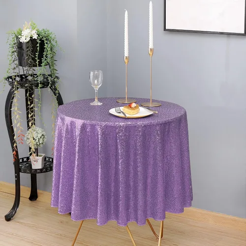 Vista 9 de nanbowang Mantel de lentejuelas color morado claro para fiestas, rectangular, superposición de tela de lentejuelas, manteles de mesa de cumpleaños