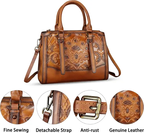 Vista 5 de Bolso de cuero genuino para mujer, bolso de cuero en relieve, bolso con asa superior, bolso hecho a mano, bolso cruzado hobo