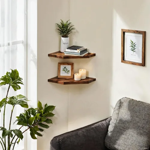 Vista 6 de Demigo Estante esquinero para montaje en pared, juego de 2 estantes flotantes de madera de acacia maciza de 11.8 x 16.5 pulgadas, suaves