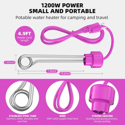 Vista 2 de Calentador de agua de inmersión de 1200 W, calentador de agua de cubo de acero inoxidable 304, calentamiento rápido para bañera, agua de piscina