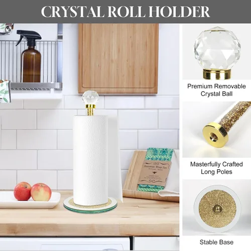 Vista 4 de Soporte decorativo para toallas de papel, dispensador de toallas de papel de cristal dorado, soporte para rollo de papel higiénico de decoración
