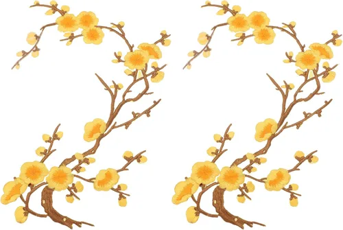 Vista 17 de MECCANIXITY 2 piezas de parches termoadhesivos de flor de ciruelo, apliques de bordado de flores para coser, apliques de decoración para agujeros