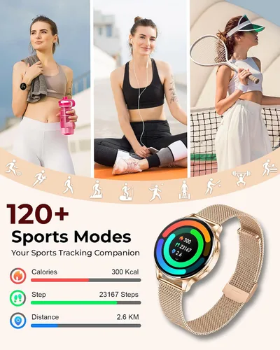 Vista 6 de Relojes inteligentes para mujeres, pantalla AMOLED de 1.27" con monitor de fitness, frecuencia cardíaca, SpO2, monitor de sueño, 3 bandas, más