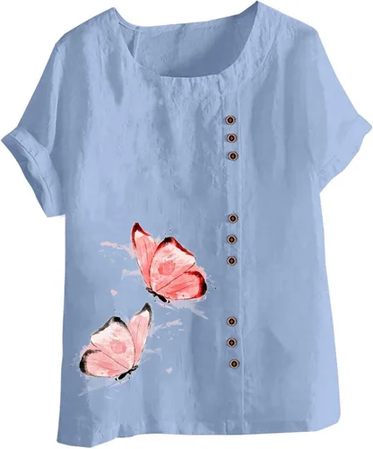 Vista 4 de Tuianres Camisetas de gran tamaño para mujer, de manga corta, con botones, de lino, de algodón, ajuste holgado, con estampado de mariposas, blusa