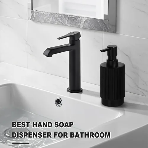 Vista 5 de VIMERPA Dispensador de Jabón Negro, Dispensadores de Jabón de Manos de 11 fl oz para Baño, Dispensador de Jabón de Platos de Vidrio Acanalado Negro