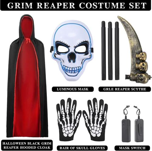 Vista 2 de ProlPings Halloween Grim Reaper Costume for Kids Adults,LED Mask Gloves Cape for Halloween Costume Dress up Party