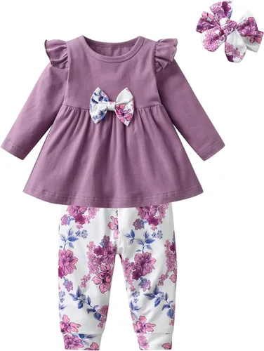 Vista 13 de Conjunto de 3 piezas de ropa para bebé niña, camiseta con volantes, camisa floral, pantalones y diadema Verde
