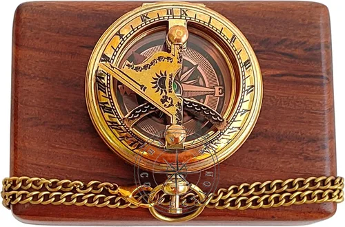 Vista 5 de Reloj de sol hecho a mano con botón de dirección con cadena y caja de madera, reloj de sol de bolsillo de brújula de latón, regalo de bautismo