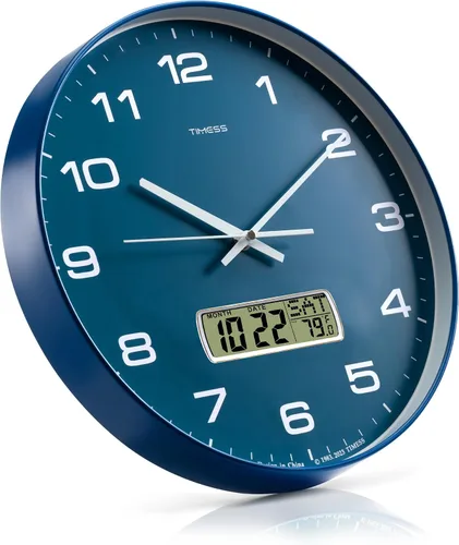 Vista 2 de Reloj de pared TIMESS, de 14" de gran dial, silencioso, sin tictac, funciona con pilas, analógico con pantalla LCD para calendario perpetuo y Azul