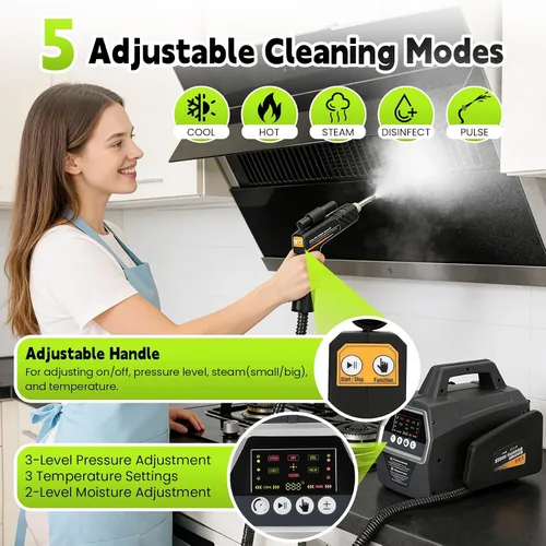 Vista 2 de Limpiador a vapor de alta presión de 2200 W, vaporizador portátil para limpieza, 5 modos de limpieza, calentamiento rápido de 30 segundos, 120 V