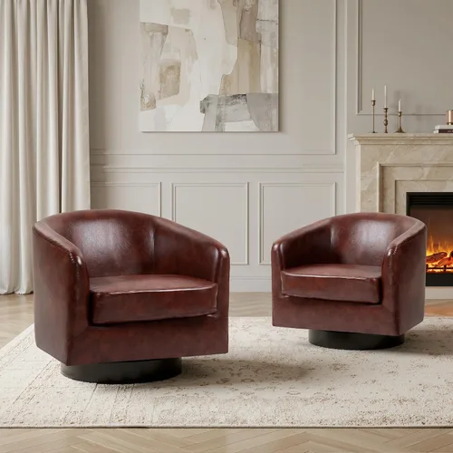 Vista 24 de Silla Giratoria de Acento de Cuero Sintético con Base de Madera, Sillas de Barril Tapizadas Modernas para Sala de Estar, Cómodo Sillón Redondo Sofá