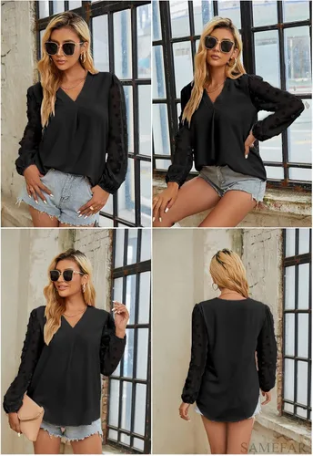 Vista 6 de Samefar Blusa de manga larga con cuello en V para mujer, blusa holgada de gasa con lunares suizos