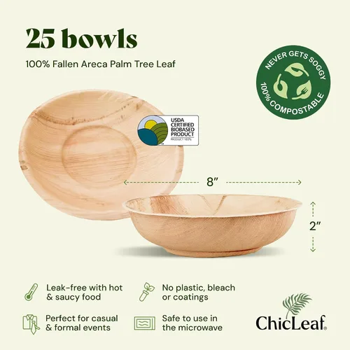 Vista 2 de Chic Leaf Cuencos de hoja de palmera – 8 pulgadas redondos, paquete de 25, naturales – Cuencos compostables ecológicos – Versátil plato desechable