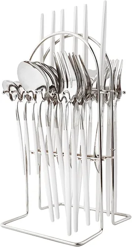 Vista 10 de Juego de cubiertos básicos de 24 piezas con un soporte para cubiertos, acero inoxidable 18/0 acabado espejo, cuchillo, tenedor, cucharilla, juego
