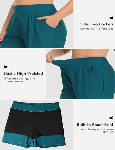 Vista 4 de ANFILIA Pantalones cortos de natación de talla grande para mujer, pantalones cortos de cintura alta, tankini con bolsillos