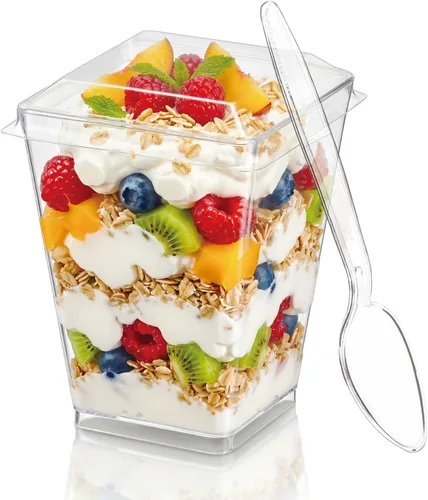 Vista 8 de Hiasobre Paquete de 100 vasos de plástico de 5 onzas para postre con tapas y cucharas, tazas reutilizables de parfait transparente, vasos cuadrados
