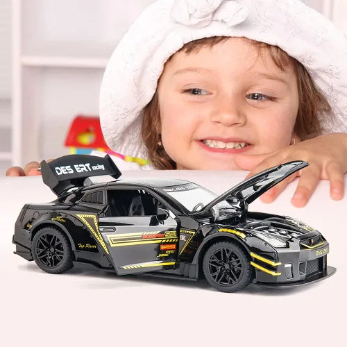 Vista 7 de BDTCTK - Coche modelo compatible de escala 1/24 para Nissan GTR, juguete de aleación de zinc con sonido y luz para niños y niñas (negro)
