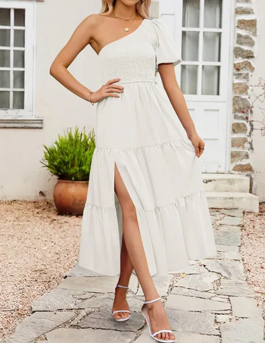 Vista 2 de ZESICA Vestido midi bohemio de verano con un hombro descubierto, manga corta, fruncido, abertura lateral, con volantes