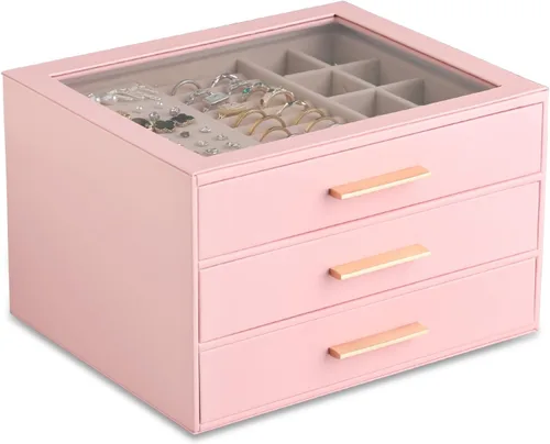 Vista 14 de Frebeauty Joyero para mujer, organizador de joyas con tapa transparente con 3 cajones Marrón Oscuro