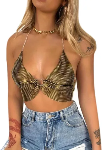 Vista 3 de Camiseta corta sin espalda con diamantes de imitación brillantes para mujer, sexy, halter, transparente, para salir por la noche, fiesta, club