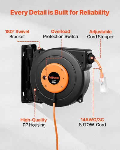 Vista 56 de VEVOR Carrete de cable de extensión retráctil de 25 pies resistente 14AWG Rojo