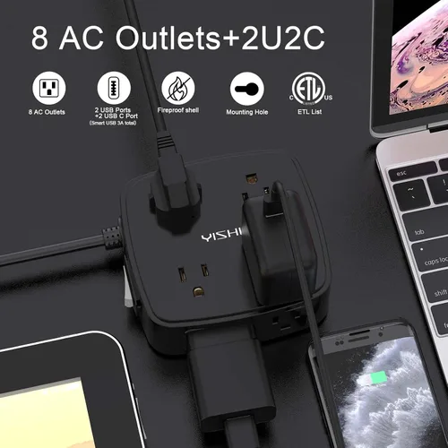 Vista 2 de Regleta de protección contra sobretensiones de 5 pies, 8 tomas amplias con 4 puertos USB, extensor de salida de 3 lados con cable de extensión de 5