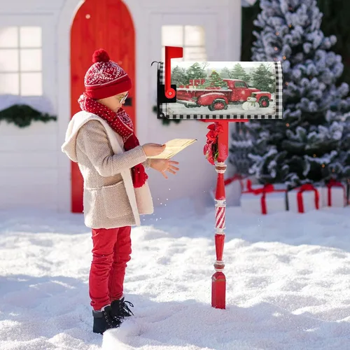Vista 8 de Funda Magnética para Buzón Feliz Navidad Camión Árbol Tamaño Grande Muñeco de Nieve de Invierno Cuadros Buffalo Fundas para Buzón Tamaño Estándar