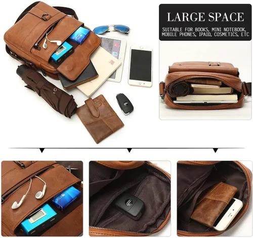 Vista 3 de Leathario Bolso bandolera de cuero para hombre, bolso de hombro para hombre, bolso bandolera para trabajo, negocios, viajes, Marrón claro-83