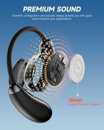 Vista 4 de Donner Auriculares abiertos, auriculares inalámbricos, Bluetooth 5.3, ultra cómodos, ganchos ergonómicos para los oídos, llamadas claras
